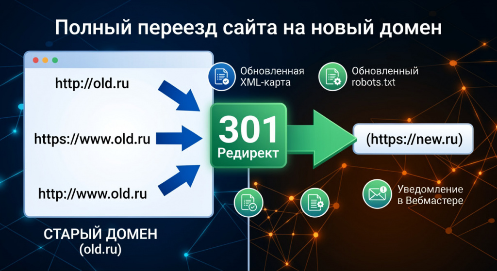 Как полностью сделать редирект сайта на новый домен (с WWW и HTTPS) Как полностью сделать редирект сайта на новый домен (с WWW и HTTPS)